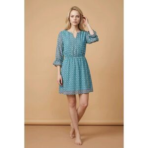 🍑Ezra Turquoise Split Neck Geometric Print 3/4 Sleeve Dress Large